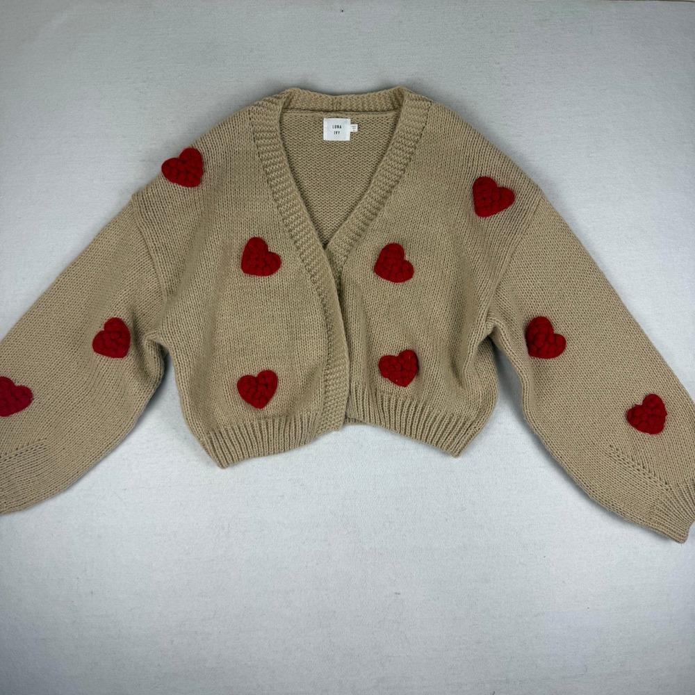 Luna Ivy Tan Chunky Knit Cardigan Red 3D Crochet Hearts Open Sweater Womens Sz L